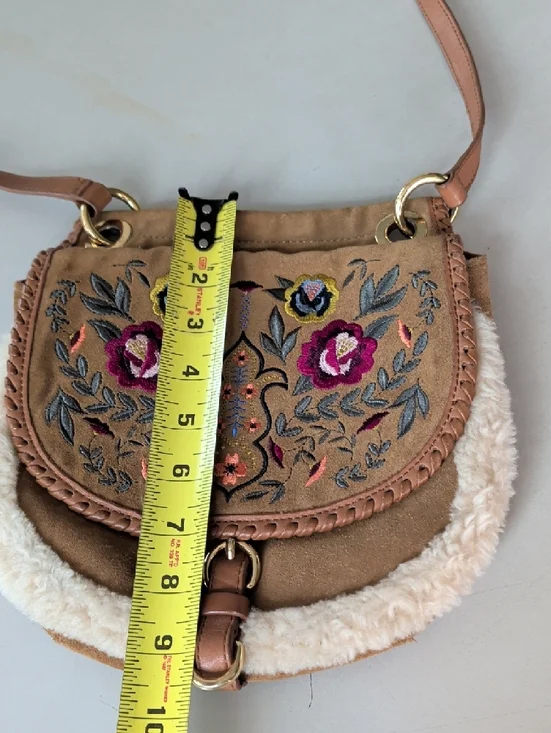 UGG Tan Suede Crossbody with Floral Embroidery Wool Trim Roomy Chic Lightweight - Picture 10 of 13